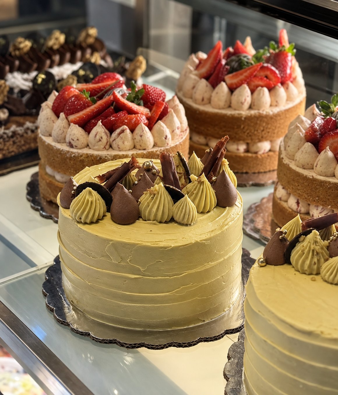 Custom birthday cakes with buttercream, piping details and fresh strawberries at Dëli Café in Brasilito